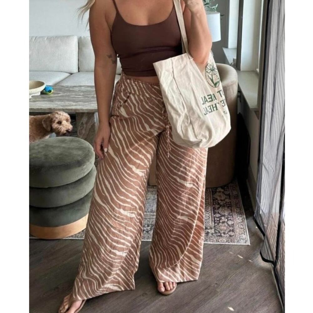 A New Day Brown & White Zebra Striped Flare Leg Linen Pants